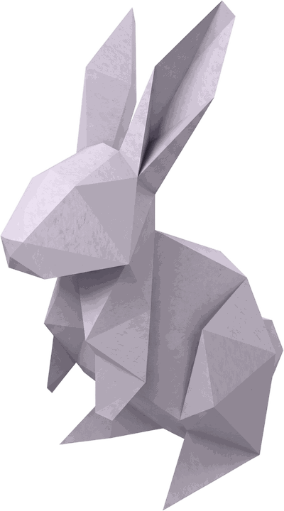 A rabbit folded from pale lilac paper, sitting upright with its ears raised.
