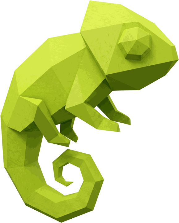 A chameleon folded from chartreuse paper, gripping its own curled tail.