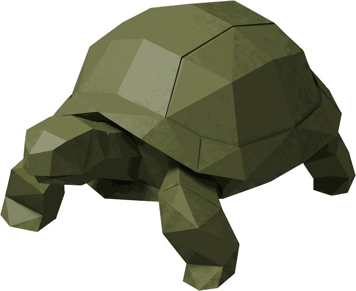 A tortoise folded from moss green paper, low under a domed shell.