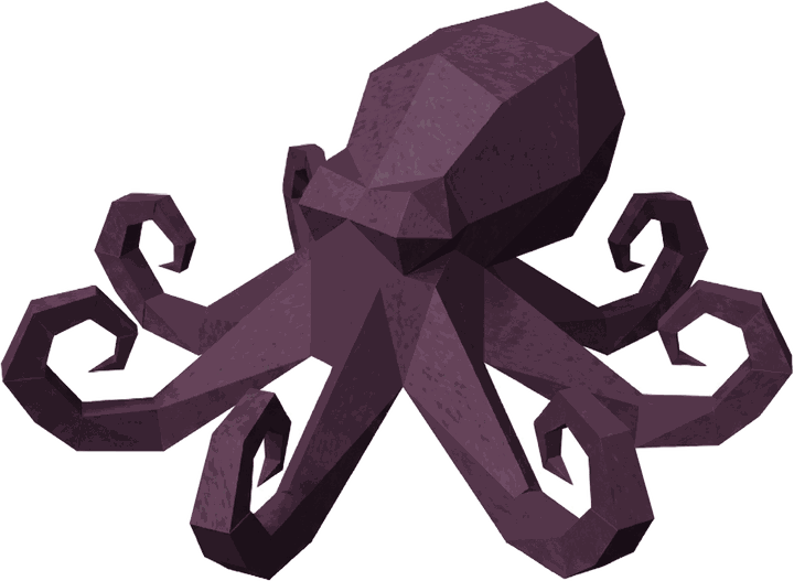 An octopus folded from deep aubergine paper, eight arms curling outward.
