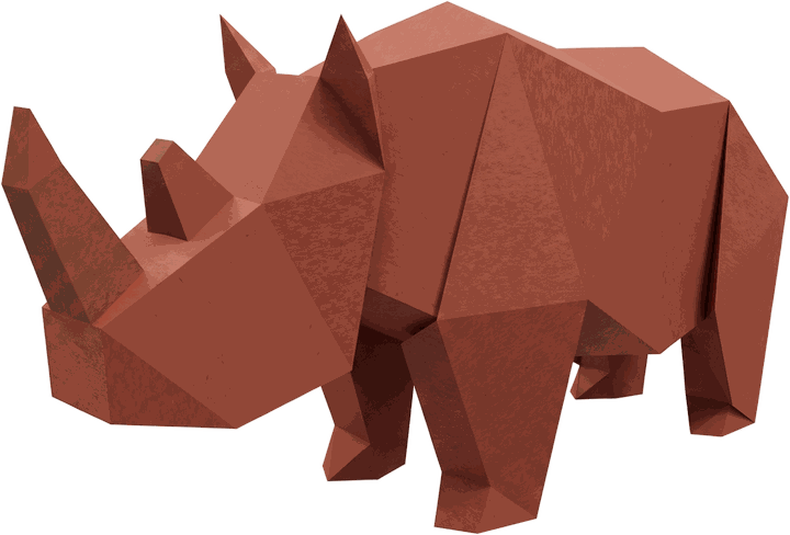 A rhinoceros folded from brick red paper, standing square, horn forward.
