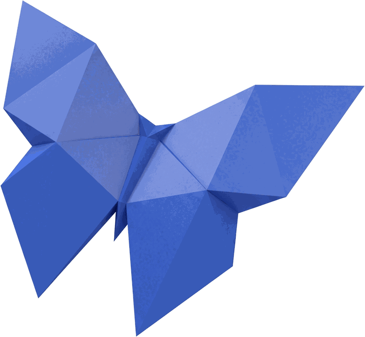 A butterfly folded from cobalt blue paper, wings open and matched.