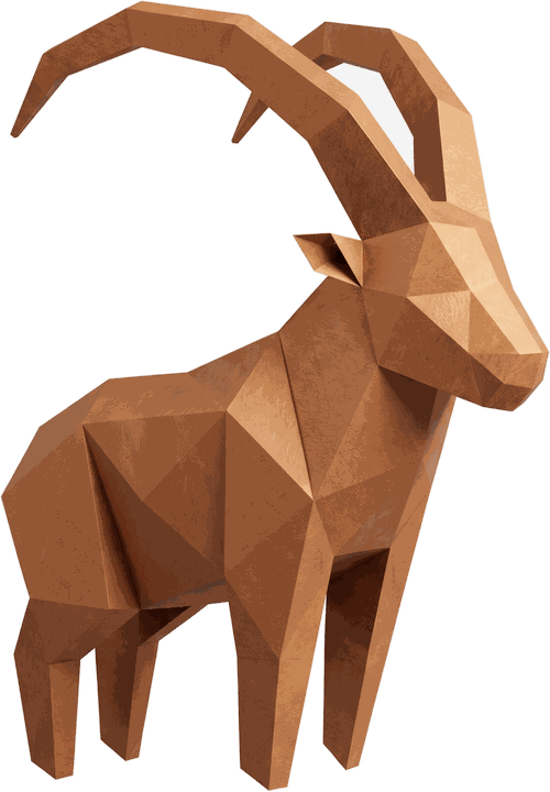 An ibex folded from bronze paper, long horns swept back over its shoulders.