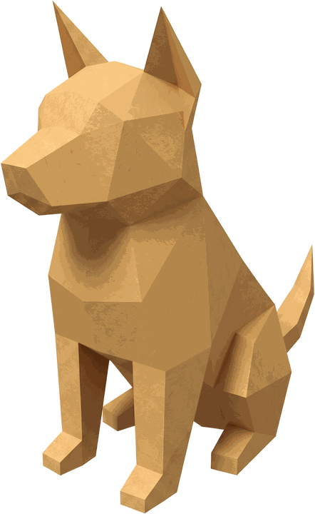A dog folded from camel paper, sitting attentively with its ears pricked.