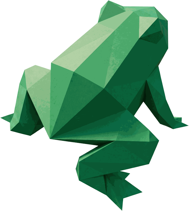 A frog folded from emerald paper, crouched mid-leap.