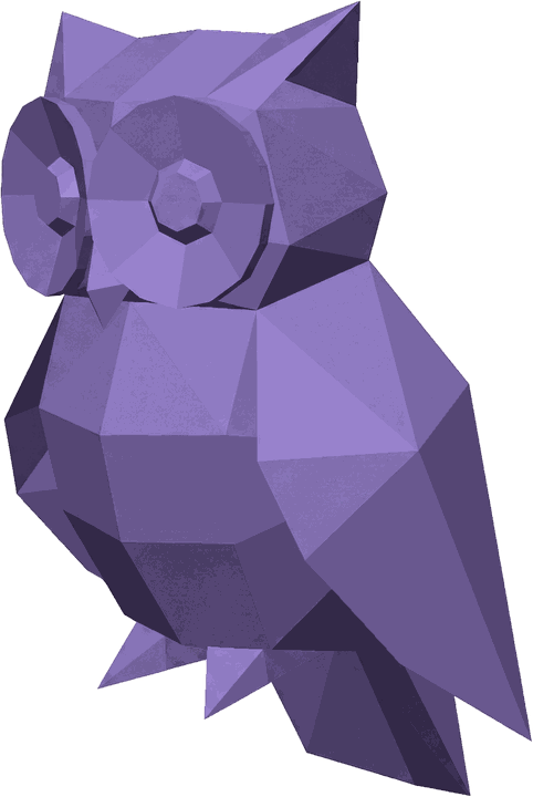 An owl folded from violet paper, wide facial discs turned forward.
