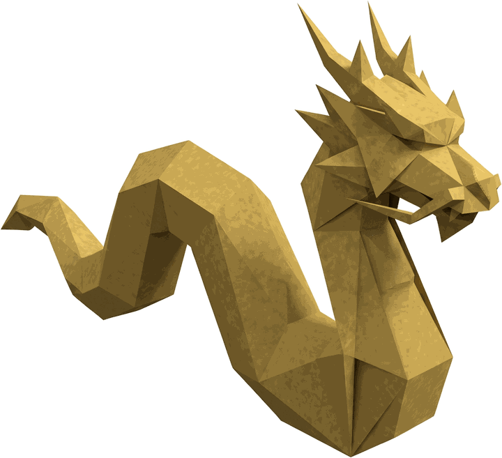 A dragon folded from antique gold paper, its body coiled in one long curve.